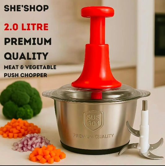 Premium 2.0 Litre Manual Meat & Veg Push Chopper with Stainless Steel Bowl