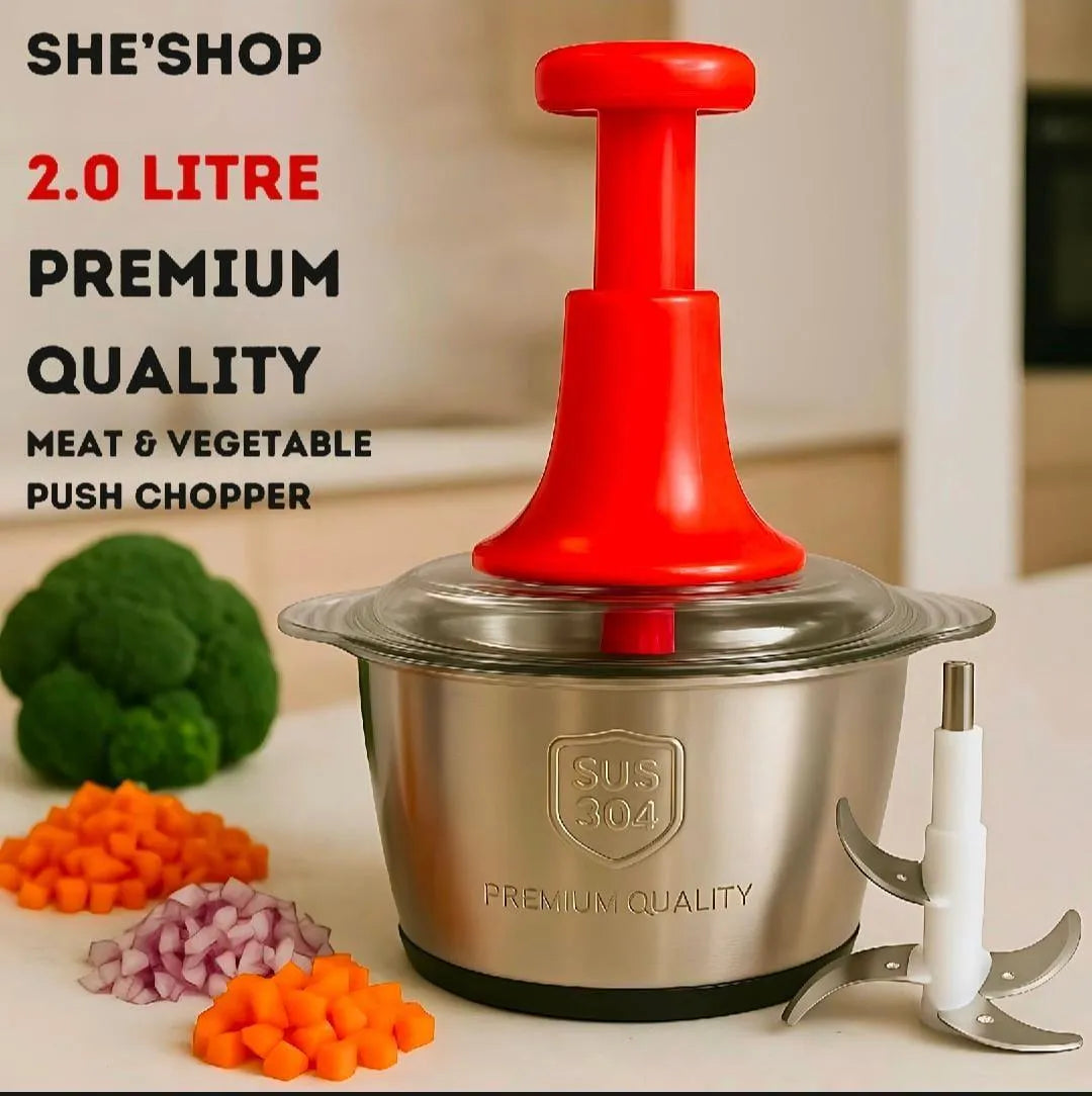 Premium 2.0 Litre Manual Meat & Veg Push Chopper with Stainless Steel Bowl